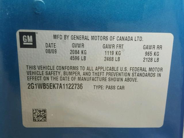 2G1WB5EK7A1122736 - 2010 CHEVROLET IMPALA LT BLUE photo 10