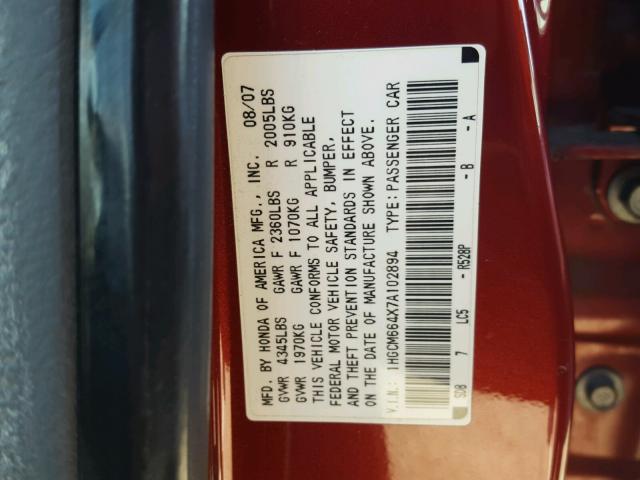 1HGCM664X7A102894 - 2007 HONDA ACCORD SE RED photo 10