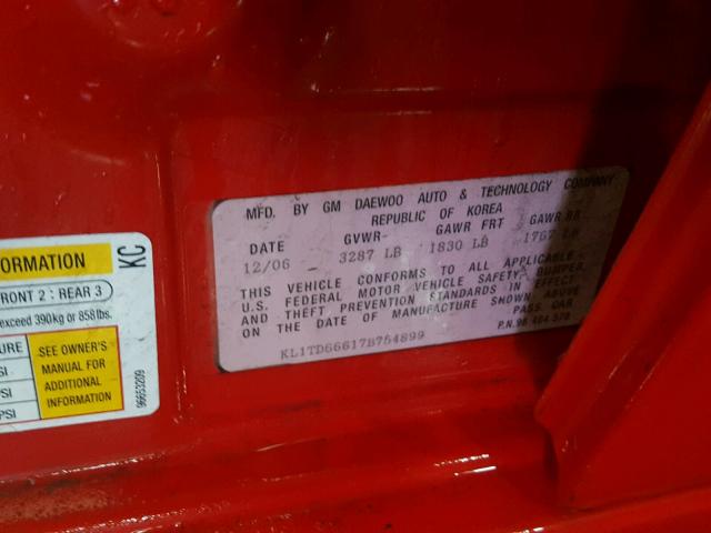 KL1TD66617B754899 - 2007 CHEVROLET AVEO BASE RED photo 10