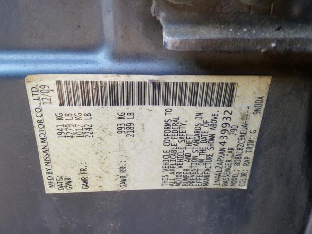 1N4AL2APXAN439932 - 2010 NISSAN ALTIMA BAS GRAY photo 10