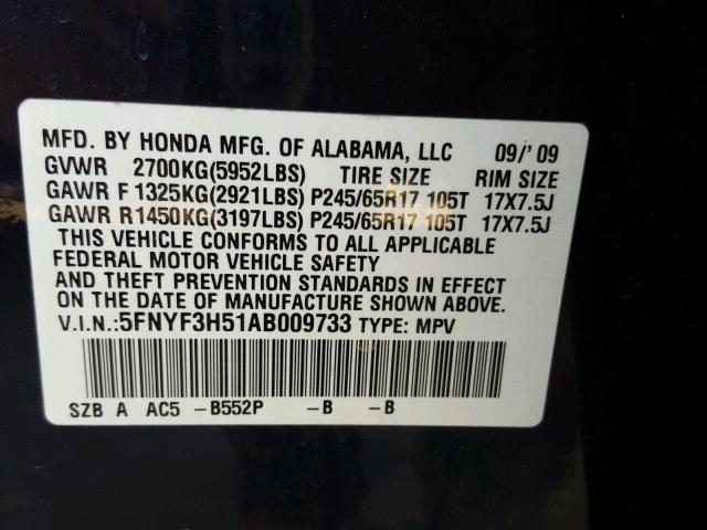 5FNYF3H51AB009733 - 2010 HONDA PILOT EXL BLUE photo 10