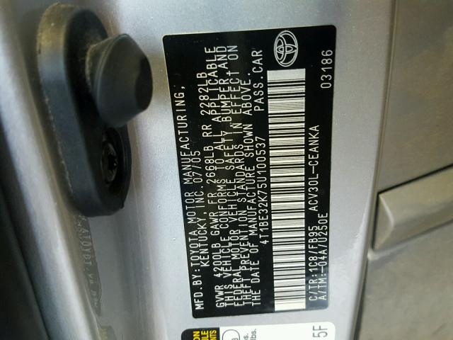 4T1BE32K75U100537 - 2005 TOYOTA CAMRY LE SILVER photo 10