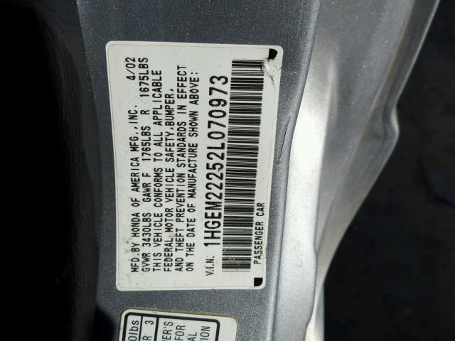 1HGEM22252L070973 - 2002 HONDA CIVIC DX SILVER photo 10