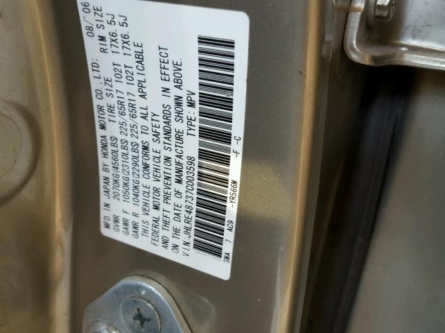 JHLRE48737C003598 - 2007 HONDA CR-V EXL BEIGE photo 10