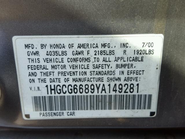 1HGCG6689YA149281 - 2000 HONDA ACCORD EX GRAY photo 10