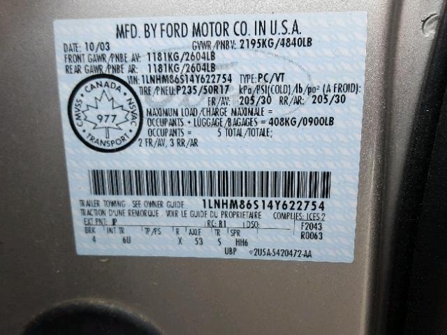 1LNHM86S14Y622754 - 2004 LINCOLN LS GRAY photo 10