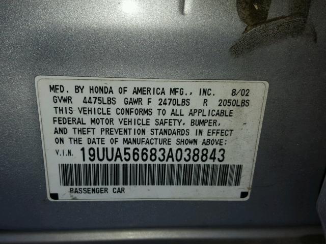 19UUA56683A038843 - 2003 ACURA 3.2TL SILVER photo 10