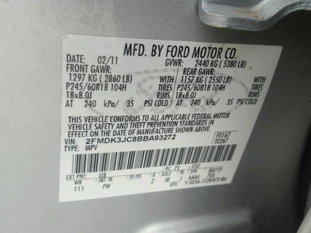 2FMDK3JC8BBA93272 - 2011 FORD EDGE SEL SILVER photo 10