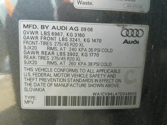 WA1CV94L47D048606 - 2007 AUDI Q7 4.2 QUA GRAY photo 10