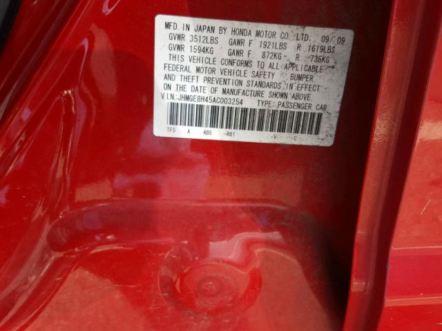 JHMGE8H45AC003254 - 2010 HONDA FIT SPORT RED photo 10