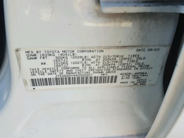 JTEGD20V440002927 - 2004 TOYOTA RAV4 WHITE photo 10