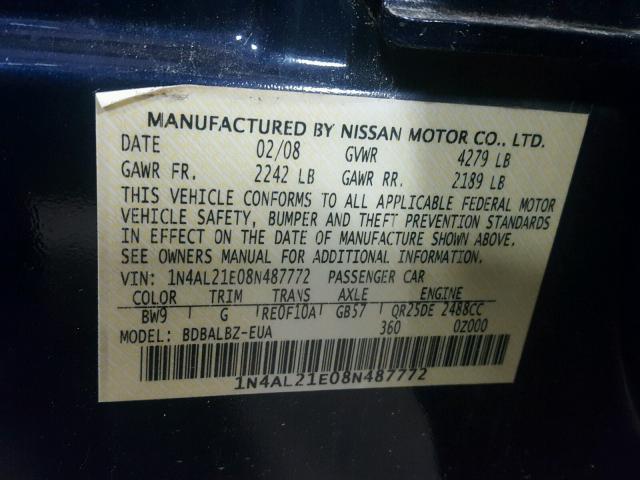 1N4AL21E08N487772 - 2008 NISSAN ALTIMA 2.5 BLUE photo 10