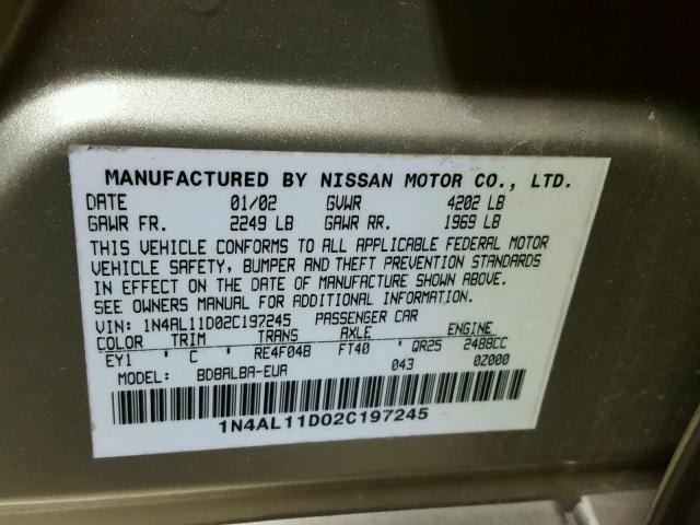 1N4AL11D02C197245 - 2002 NISSAN ALTIMA BAS GOLD photo 10