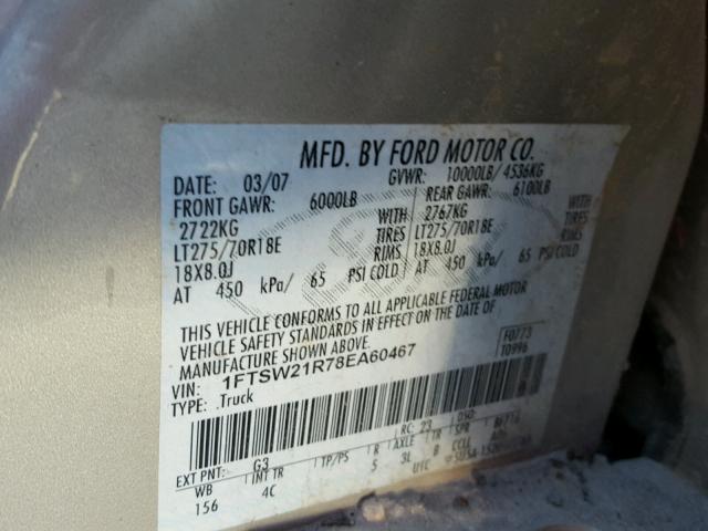 1FTSW21R78EA60467 - 2008 FORD F250 SUPER GOLD photo 10