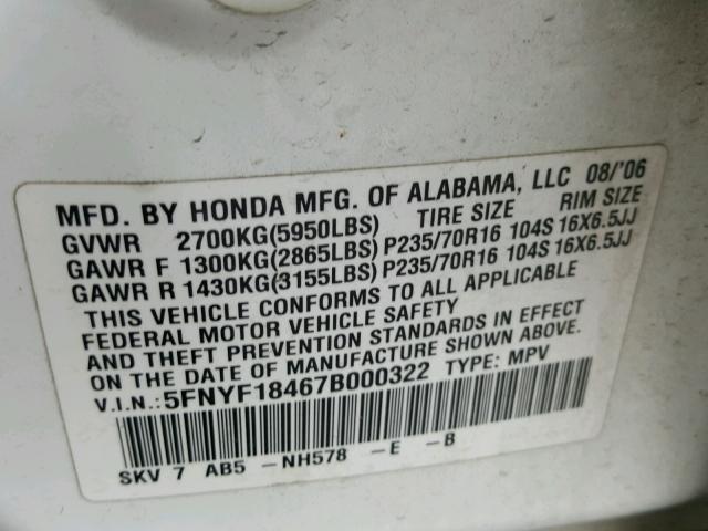 5FNYF18467B000322 - 2007 HONDA PILOT EX WHITE photo 10