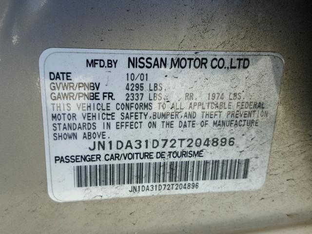 JN1DA31D72T204896 - 2002 NISSAN MAXIMA GLE BEIGE photo 10