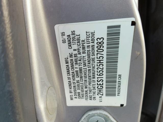 2HGES16525H570983 - 2005 HONDA CIVIC LX SILVER photo 10