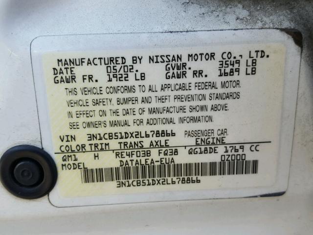 3N1CB51DX2L678866 - 2002 NISSAN SENTRA XE WHITE photo 10