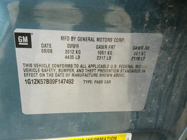 1G1ZK57B09F147492 - 2009 CHEVROLET MALIBU LTZ 青色 照片 10