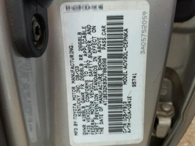 4T1BE32K83U786598 - 2003 TOYOTA CAMRY LE SILVER photo 10