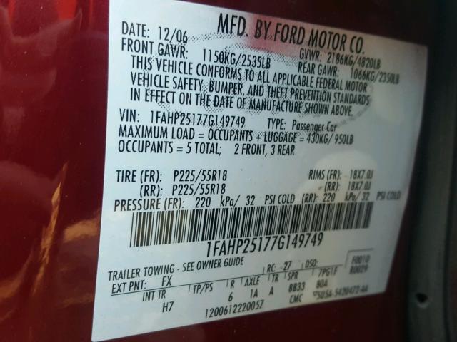 1FAHP25177G149749 - 2007 FORD FIVE HUNDR RED photo 10