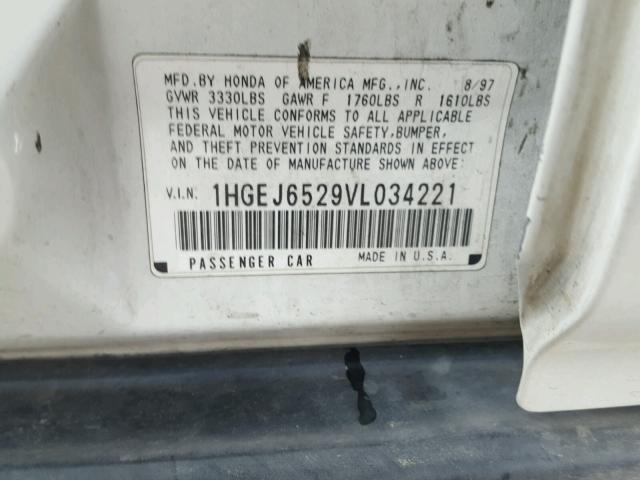 1HGEJ6529VL034221 - 1997 HONDA CIVIC DX WHITE photo 10