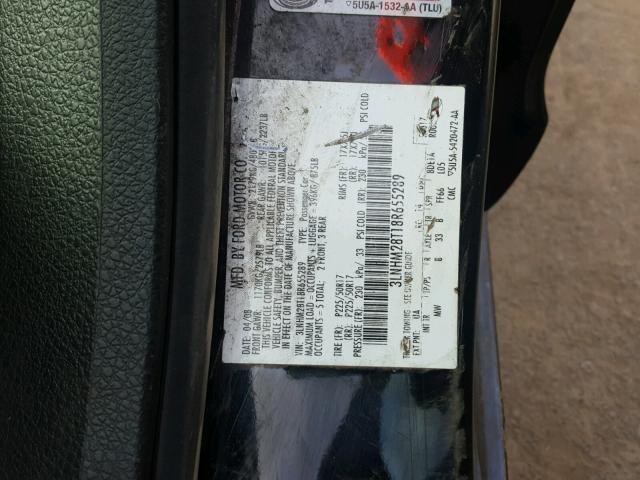 3LNHM28T18R655289 - 2008 LINCOLN MKZ BLACK photo 10