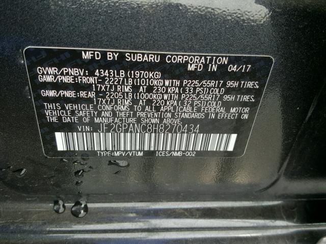 JF2GPANC8H8270434 - 2017 SUBARU CROSSTREK GRAY photo 10