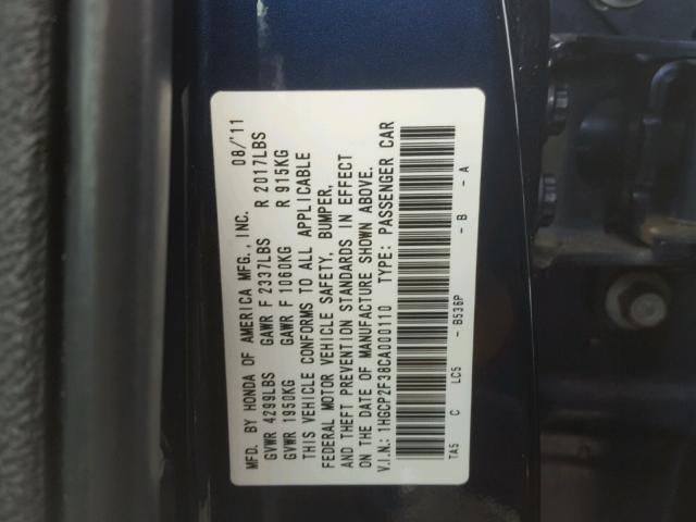 1HGCP2F38CA000110 - 2012 HONDA ACCORD LX BLUE photo 10