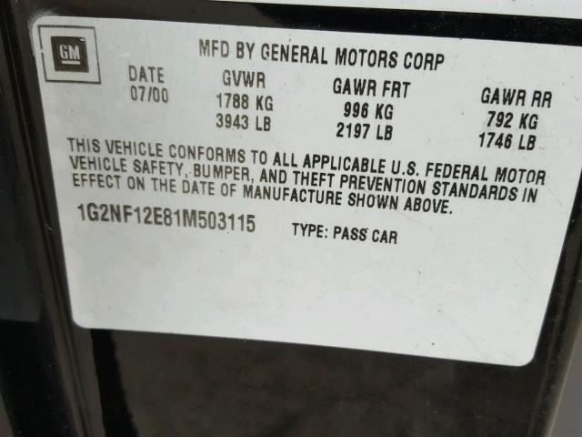 1G2NF12E81M503115 - 2001 PONTIAC GRAND AM S შავი ფოტო 10