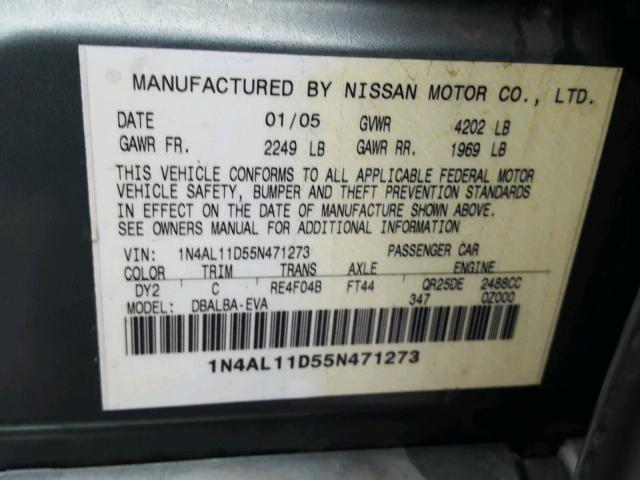 1N4AL11D55N471273 - 2005 NISSAN ALTIMA S GREEN photo 10