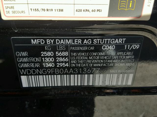 WDDNG9FB0AA313677 - 2010 MERCEDES-BENZ S 400 BLACK photo 10