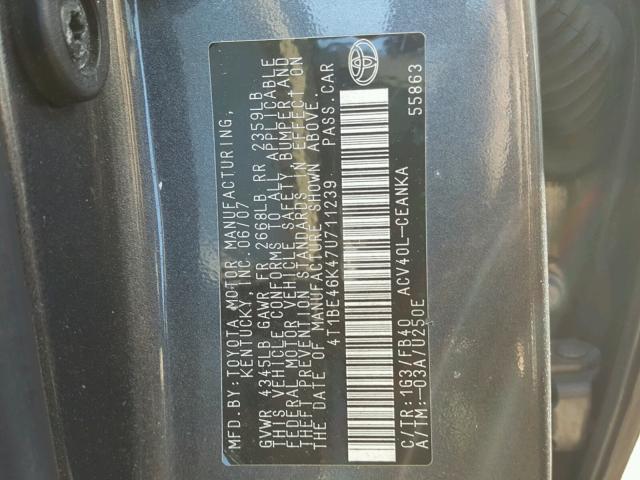 4T1BE46K47U711239 - 2007 TOYOTA CAMRY NEW GRAY photo 10