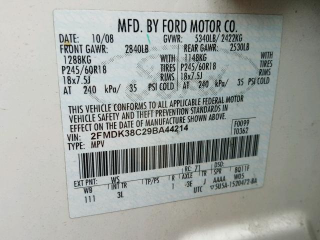 2FMDK38C29BA44214 - 2009 FORD EDGE SEL WHITE photo 10