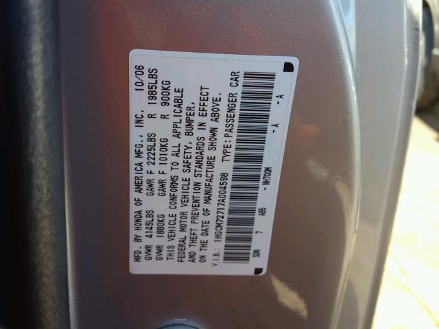 1HGCM72717A004598 - 2007 HONDA ACCORD EX SILVER photo 10