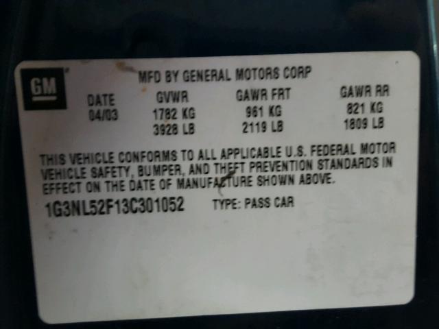 1G3NL52F13C301052 - 2003 OLDSMOBILE ALERO GL BLUE photo 10