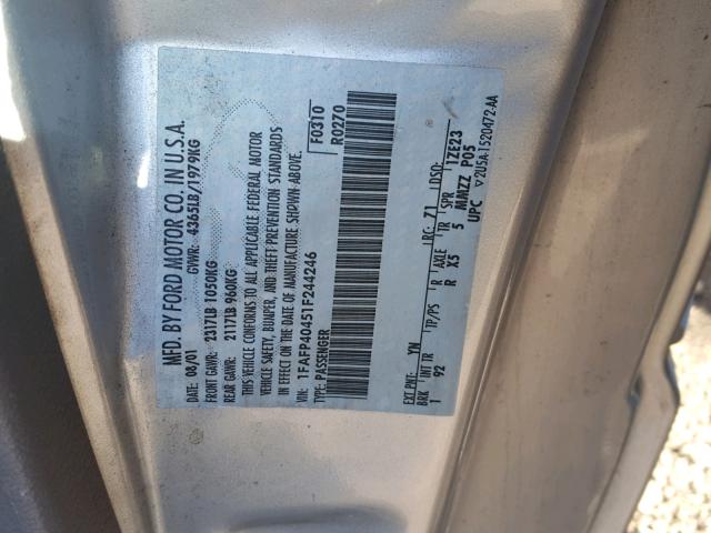 1FAFP40451F244246 - 2001 FORD MUSTANG SILVER photo 10