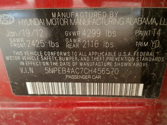 5NPEB4AC7CH456570 - 2012 HYUNDAI SONATA GLS RED photo 10