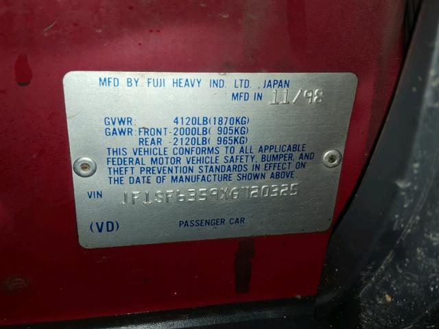 JF1SF6359XG720325 - 1999 SUBARU FORESTER L RED photo 10