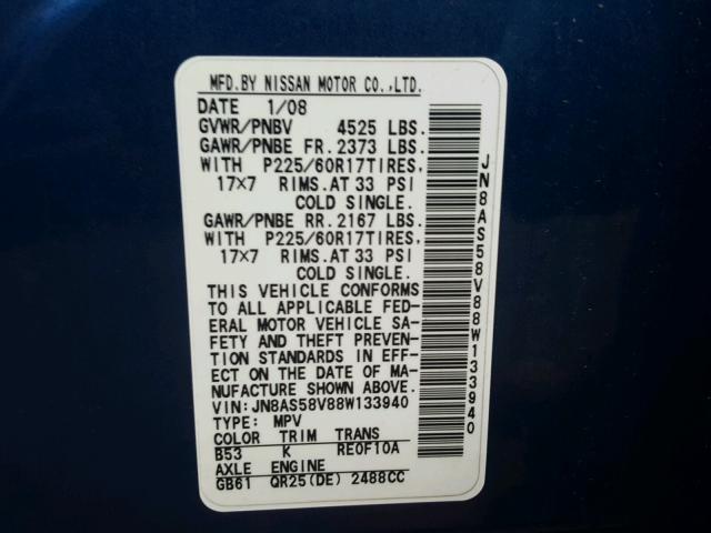 JN8AS58V88W133940 - 2008 NISSAN ROGUE S BLUE photo 10