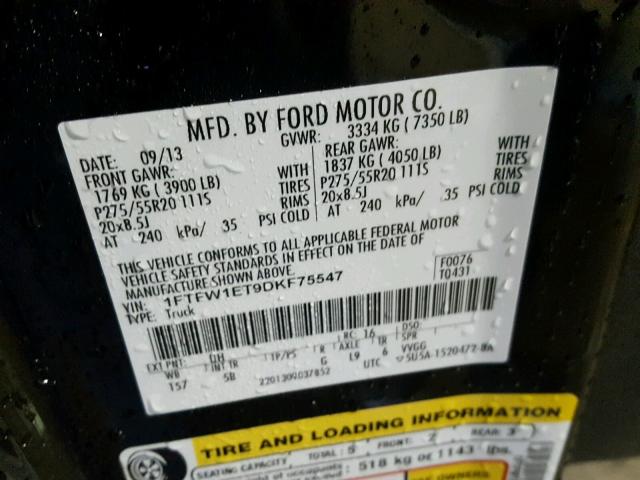 1FTFW1ET9DKF75547 - 2013 FORD F150 SUPER BLACK photo 10