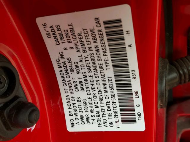 2HGFC2F55GH552701 - 2016 HONDA CIVIC LX RED photo 10