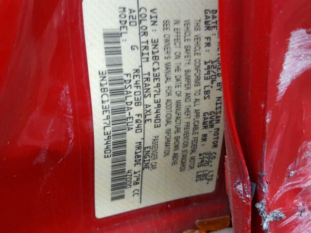 3N1BC13E97L394403 - 2007 NISSAN VERSA S RED photo 10