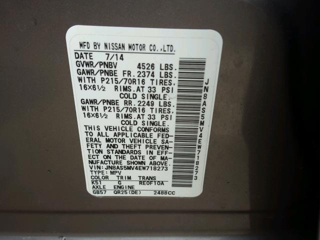 JN8AS5MV4EW718273 - 2014 NISSAN ROGUE SELE GRAY photo 10