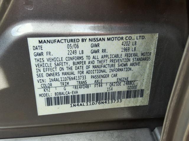 1N4AL11D76N413733 - 2006 NISSAN ALTIMA S GOLD photo 10