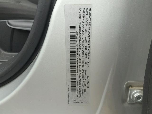 3VW2K7AJ2BM386923 - 2011 VOLKSWAGEN JETTA BASE ვერცხლისფერი ფოტო 10