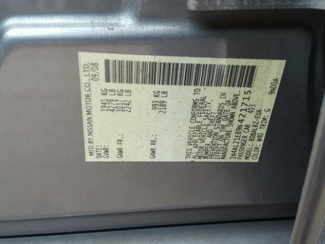 1N4AL21E89N421715 - 2009 NISSAN ALTIMA 2.5 GRAY photo 10