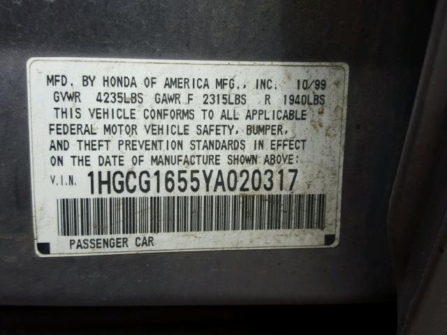 1HGCG1655YA020317 - 2000 HONDA ACCORD EX PURPLE photo 10