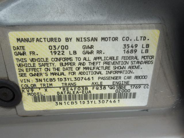 3N1CB51D3YL307461 - 2000 NISSAN SENTRA BAS GRAY photo 10