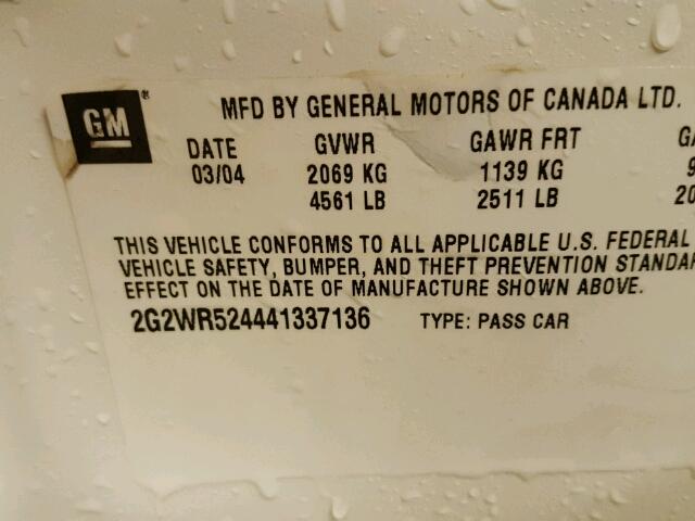 2G2WR524441337136 - 2004 PONTIAC GRAND PRIX თეთრი ფოტო 10